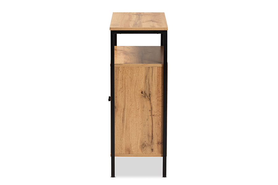 Baxton Studio Vander Modern and Contemporary Oak Brown Finished Wood and Black Metal 2-Door Shoe Cabinet