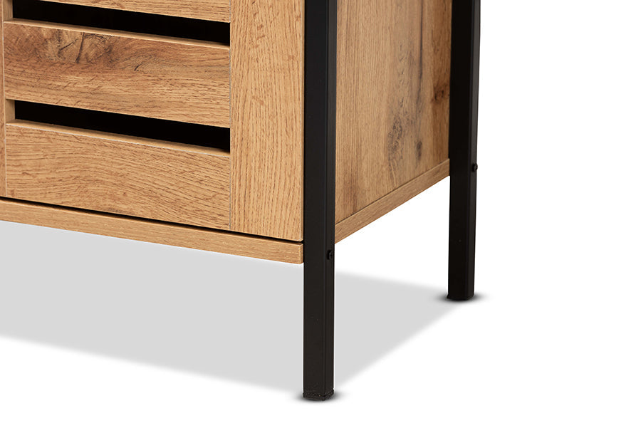 Baxton Studio Vander Modern and Contemporary Oak Brown Finished Wood and Black Metal 2-Door Shoe Cabinet