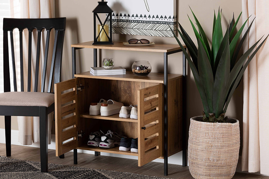Baxton Studio Vander Modern and Contemporary Oak Brown Finished Wood and Black Metal 2-Door Shoe Cabinet