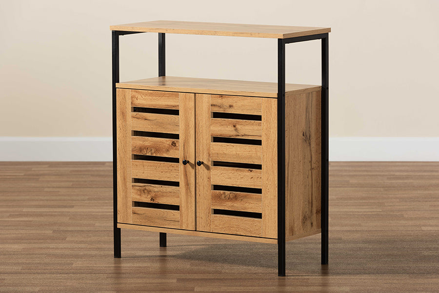 Baxton Studio Vander Modern and Contemporary Oak Brown Finished Wood and Black Metal 2-Door Shoe Cabinet