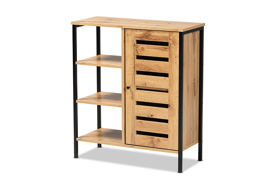 Baxton Studio Vander Modern and Contemporary Oak Brown Finished Wood and Black Finished Metal 1-Door Shoe Storage Cabinet