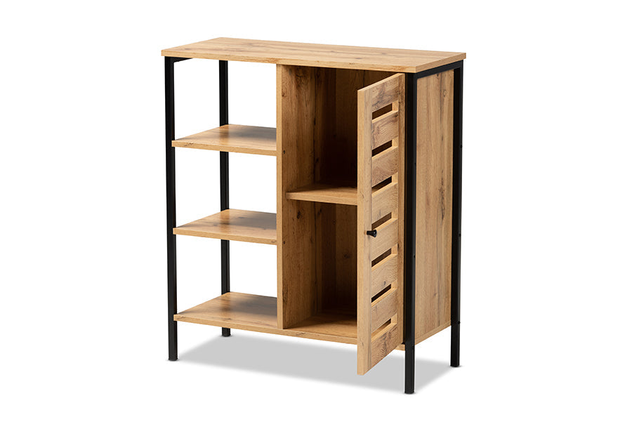 Baxton Studio Vander Modern and Contemporary Oak Brown Finished Wood and Black Finished Metal 1-Door Shoe Storage Cabinet