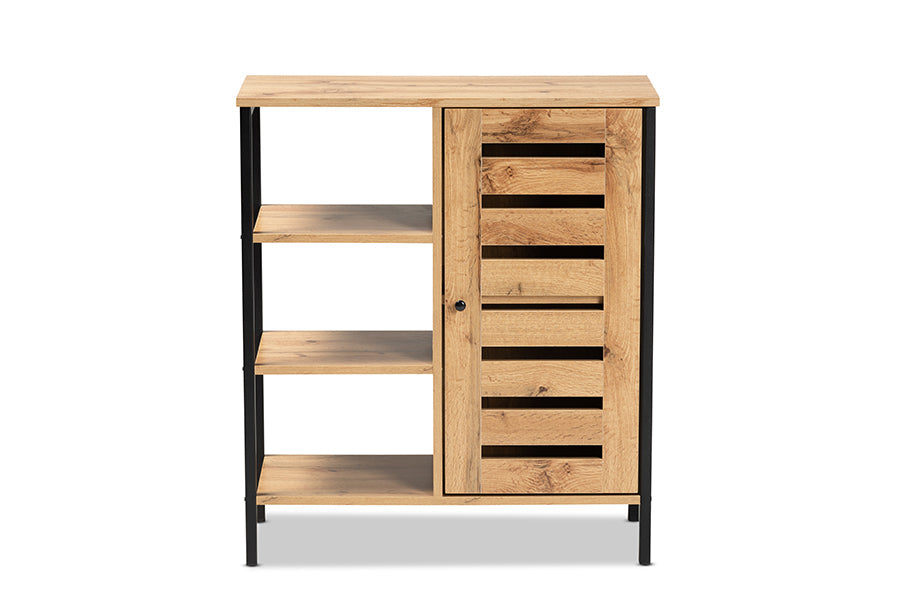 Baxton Studio Vander Modern and Contemporary Oak Brown Finished Wood and Black Finished Metal 1-Door Shoe Storage Cabinet