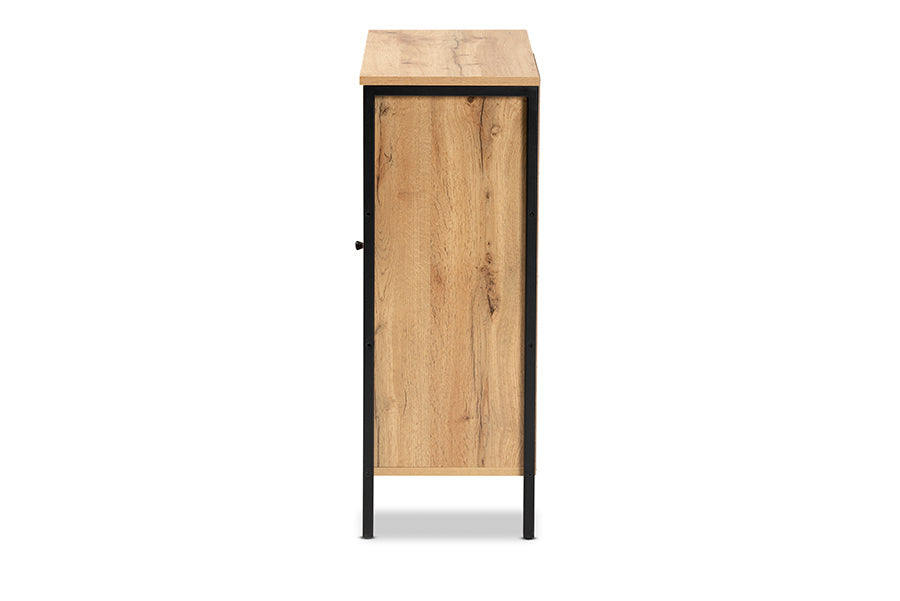 Baxton Studio Vander Modern and Contemporary Oak Brown Finished Wood and Black Finished Metal 1-Door Shoe Storage Cabinet
