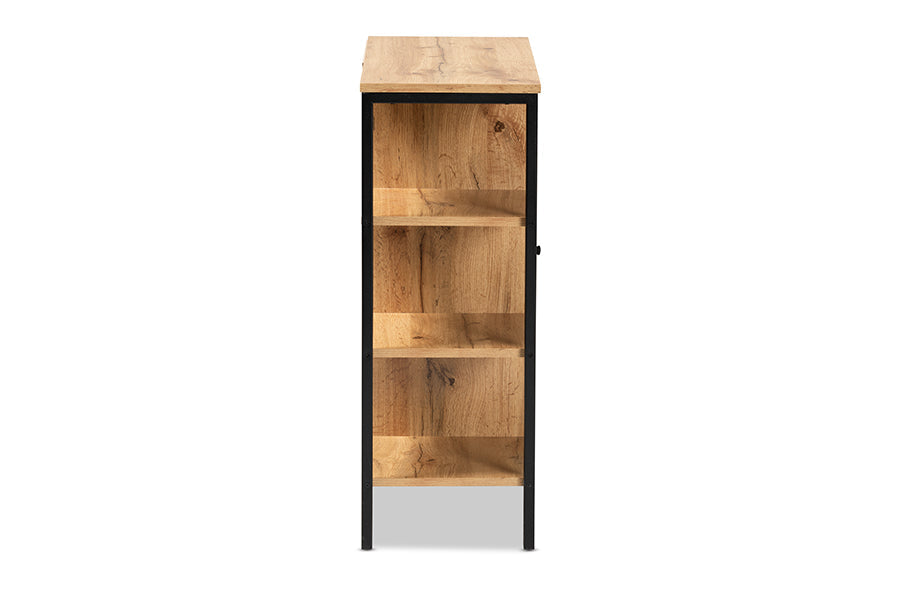 Baxton Studio Vander Modern and Contemporary Oak Brown Finished Wood and Black Finished Metal 1-Door Shoe Storage Cabinet