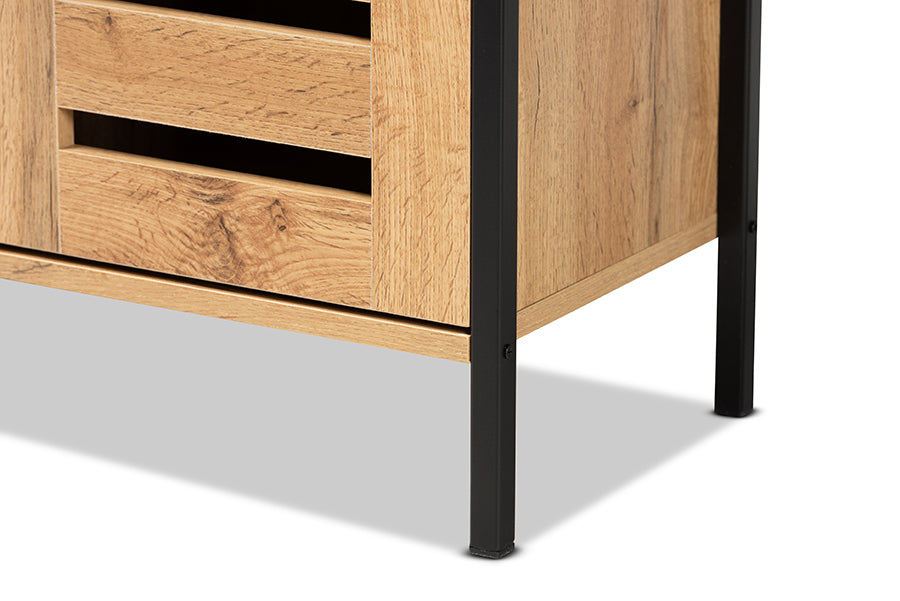 Baxton Studio Vander Modern and Contemporary Oak Brown Finished Wood and Black Finished Metal 1-Door Shoe Storage Cabinet