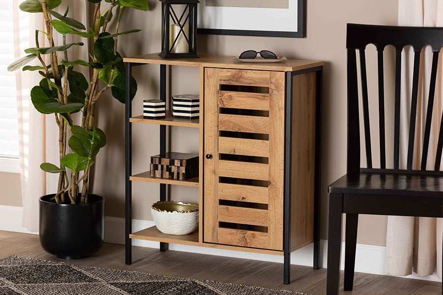 Baxton Studio Vander Modern and Contemporary Oak Brown Finished Wood and Black Finished Metal 1-Door Shoe Storage Cabinet