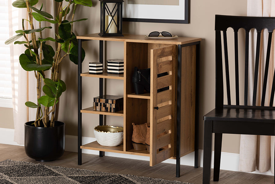 Baxton Studio Vander Modern and Contemporary Oak Brown Finished Wood and Black Finished Metal 1-Door Shoe Storage Cabinet