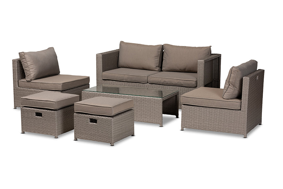 Baxton Studio Haina Modern and Contemporary Grey Fabric Upholstered and Grey Finished Synthetic Rattan 6-Piece Patio Set