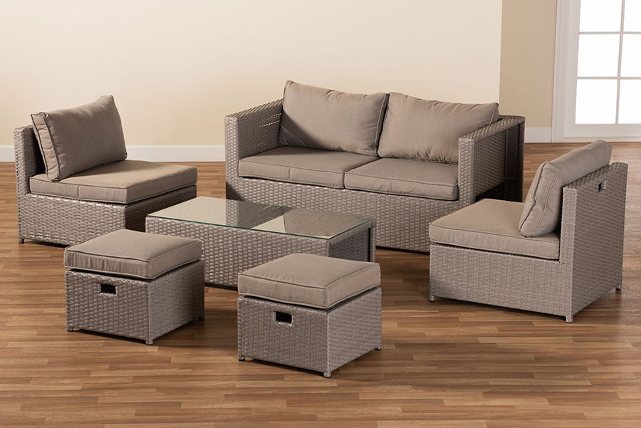 Baxton Studio Haina Modern and Contemporary Grey Fabric Upholstered and Grey Finished Synthetic Rattan 6-Piece Patio Set