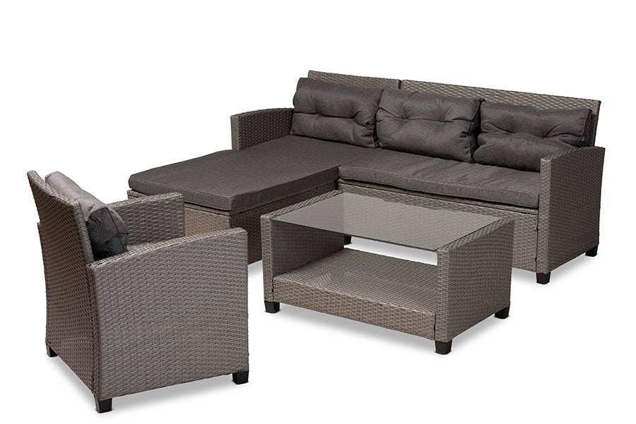 Baxton Studio Darian Modern and Contemporary Grey Fabric Upholstered and Grey Synthetic Rattan 4-Piece Patio Set