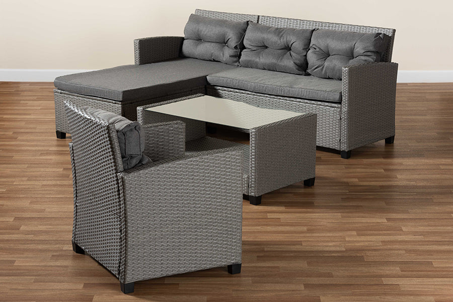 Baxton Studio Darian Modern and Contemporary Grey Fabric Upholstered and Grey Synthetic Rattan 4-Piece Patio Set