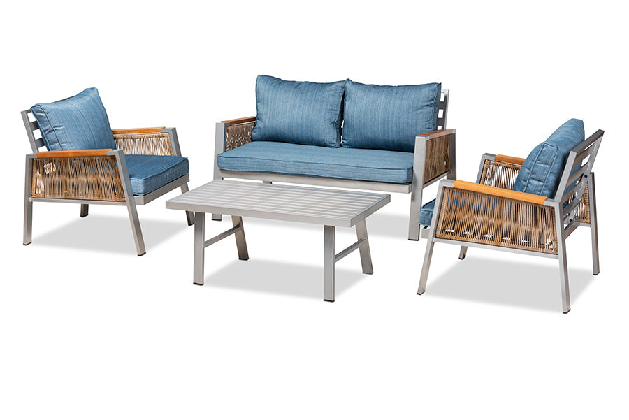 Baxton Studio Nicholson Modern and Contemporary Blue Fabric Upholstered and Grey Finished Metal with Brown Finished PE Rattan 4-Piece Outdoor Patio Lounge Set