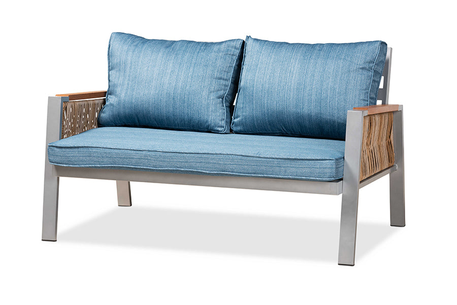 Baxton Studio Nicholson Modern and Contemporary Blue Fabric Upholstered and Grey Finished Metal with Brown Finished PE Rattan 4-Piece Outdoor Patio Lounge Set