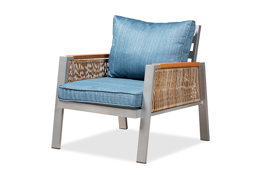Baxton Studio Nicholson Modern and Contemporary Blue Fabric Upholstered and Grey Finished Metal with Brown Finished PE Rattan 4-Piece Outdoor Patio Lounge Set