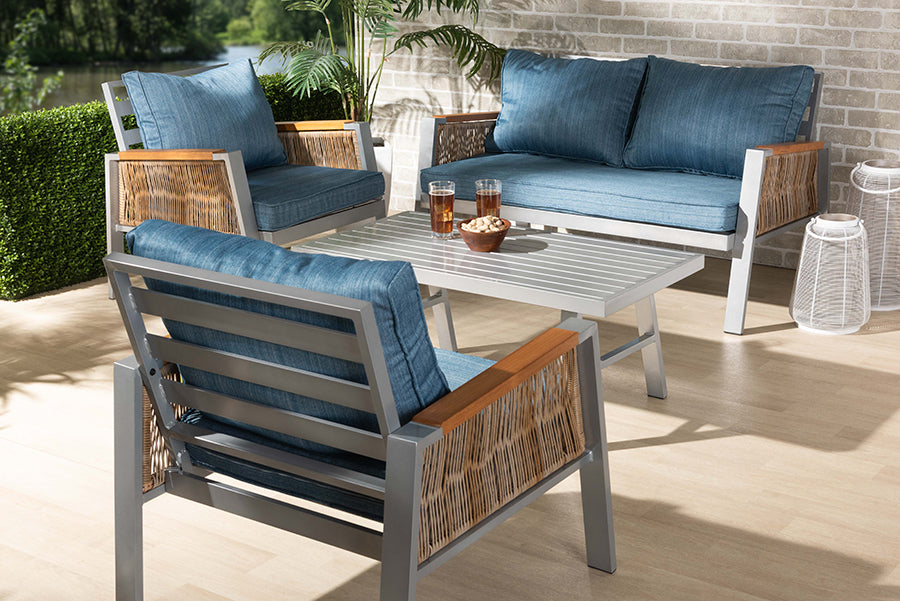Baxton Studio Nicholson Modern and Contemporary Blue Fabric Upholstered and Grey Finished Metal with Brown Finished PE Rattan 4-Piece Outdoor Patio Lounge Set