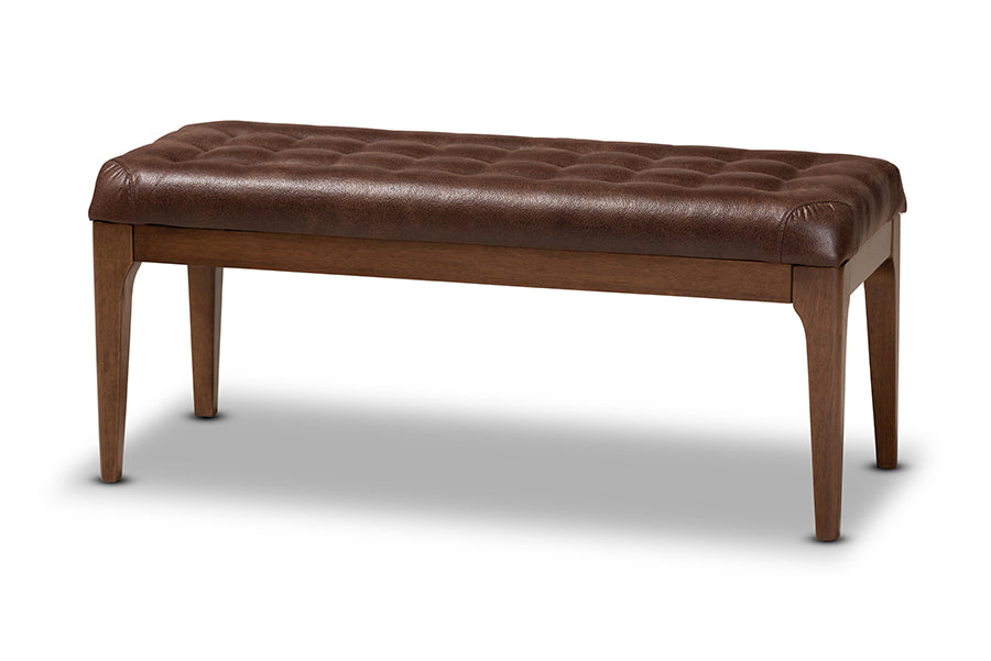 Baxton Studio Walsh Mid-Century Modern Dark Brown Leather-Effect Polyester Fabric Upholstered and Walnut Brown Finished Wood Dining Bench