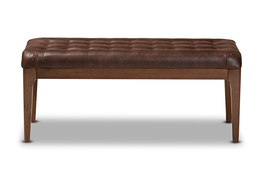 Baxton Studio Walsh Mid-Century Modern Dark Brown Leather-Effect Polyester Fabric Upholstered and Walnut Brown Finished Wood Dining Bench