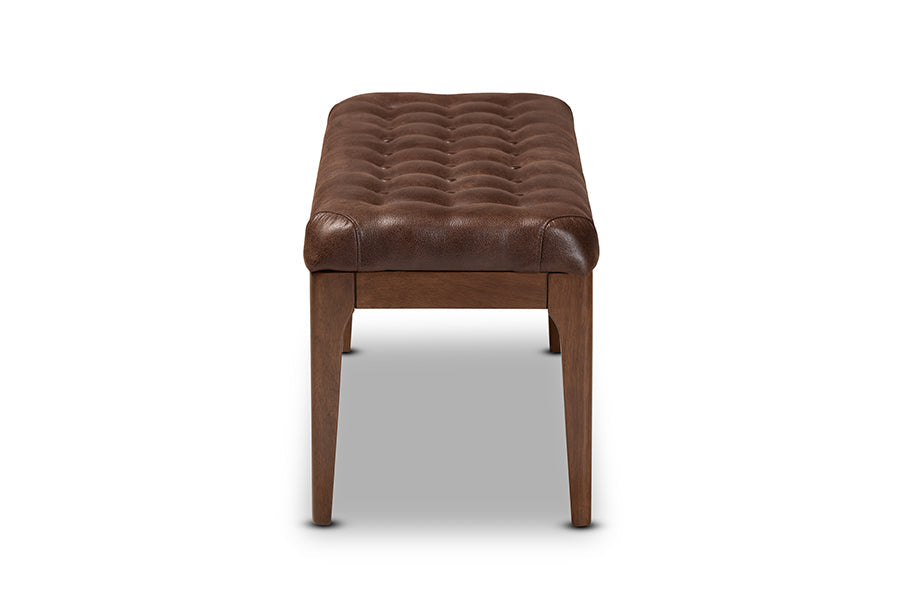 Baxton Studio Walsh Mid-Century Modern Dark Brown Leather-Effect Polyester Fabric Upholstered and Walnut Brown Finished Wood Dining Bench