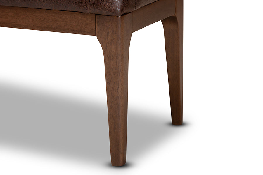 Baxton Studio Walsh Mid-Century Modern Dark Brown Leather-Effect Polyester Fabric Upholstered and Walnut Brown Finished Wood Dining Bench