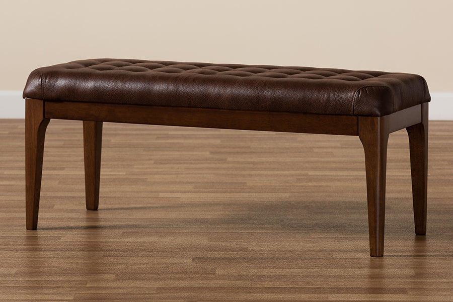 Baxton Studio Walsh Mid-Century Modern Dark Brown Leather-Effect Polyester Fabric Upholstered and Walnut Brown Finished Wood Dining Bench