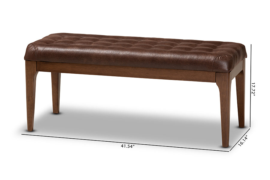 Baxton Studio Walsh Mid-Century Modern Dark Brown Leather-Effect Polyester Fabric Upholstered and Walnut Brown Finished Wood Dining Bench