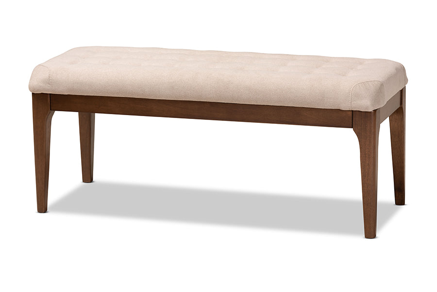 Baxton Studio Walsh Mid-Century Modern Beige Fabric Upholstered and Walnut Brown Finished Wood Dining Bench