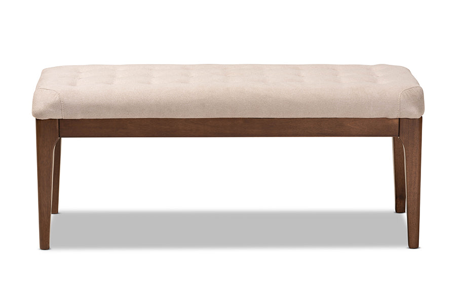 Baxton Studio Walsh Mid-Century Modern Beige Fabric Upholstered and Walnut Brown Finished Wood Dining Bench