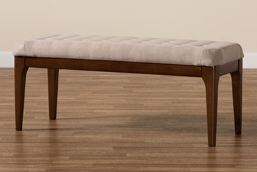 Baxton Studio Walsh Mid-Century Modern Beige Fabric Upholstered and Walnut Brown Finished Wood Dining Bench