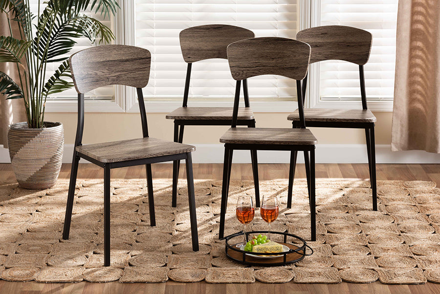 Baxton Studio Marcus Modern Industrial Oak Brown Finished Wood and Black Metal 4-Piece Dining Chair Set