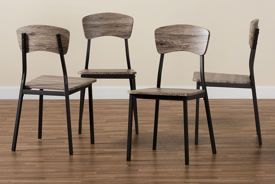 Baxton Studio Marcus Modern Industrial Oak Brown Finished Wood and Black Metal 4-Piece Dining Chair Set
