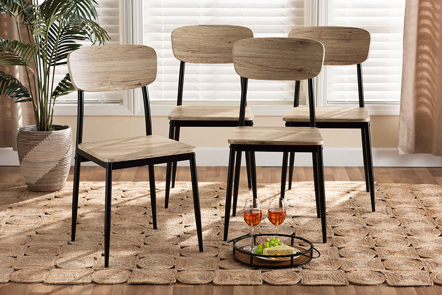 Baxton Studio Honore Mid-Century Modern Light Brown Finished Wood and Black Metal 4-Piece Dining Chair Set