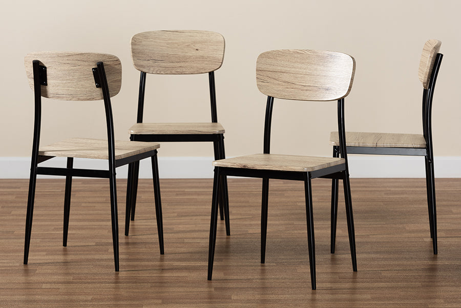Baxton Studio Honore Mid-Century Modern Light Brown Finished Wood and Black Metal 4-Piece Dining Chair Set
