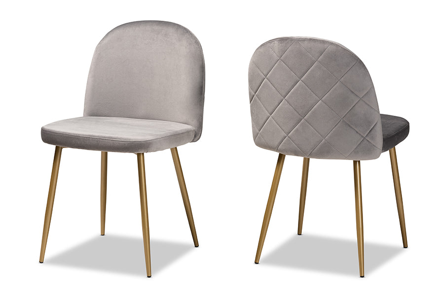 Baxton Studio Fantine Modern Luxe and Glam Grey Velvet Fabric Upholstered and Gold Finished Metal 2-Piece Dining Chair Set