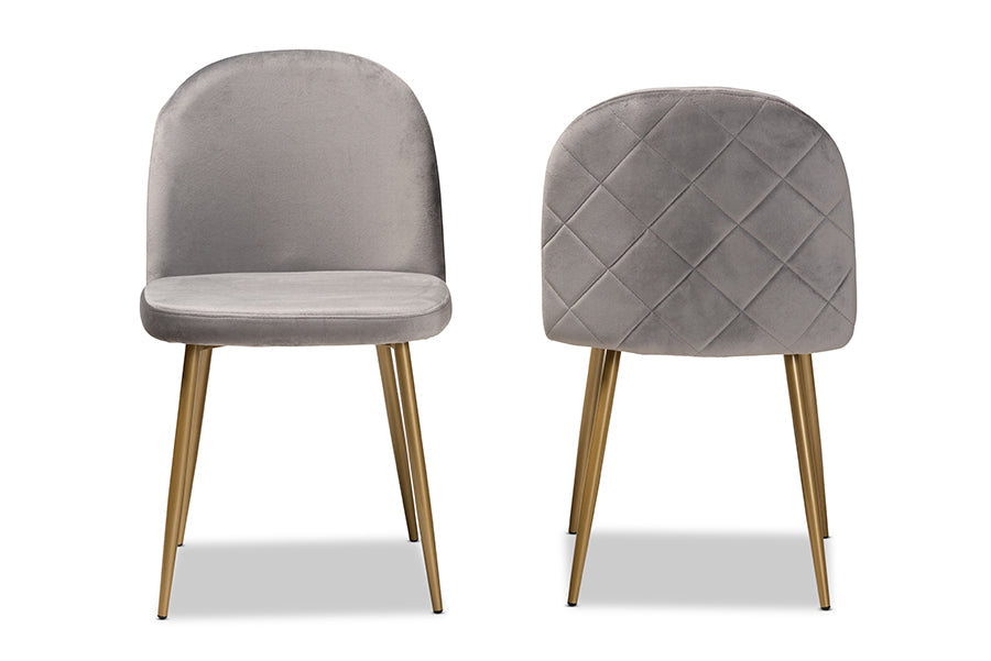 Baxton Studio Fantine Modern Luxe and Glam Grey Velvet Fabric Upholstered and Gold Finished Metal 2-Piece Dining Chair Set