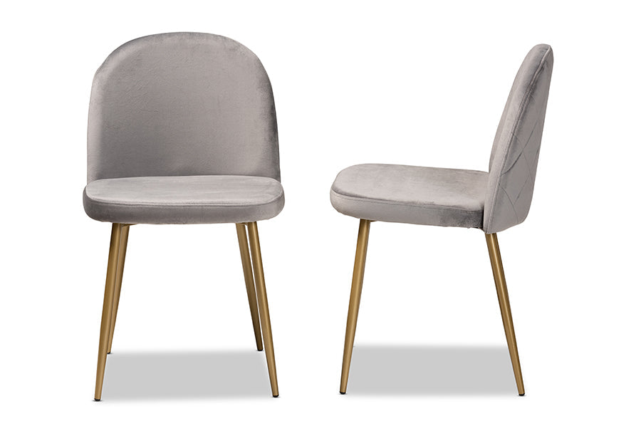 Baxton Studio Fantine Modern Luxe and Glam Grey Velvet Fabric Upholstered and Gold Finished Metal 2-Piece Dining Chair Set