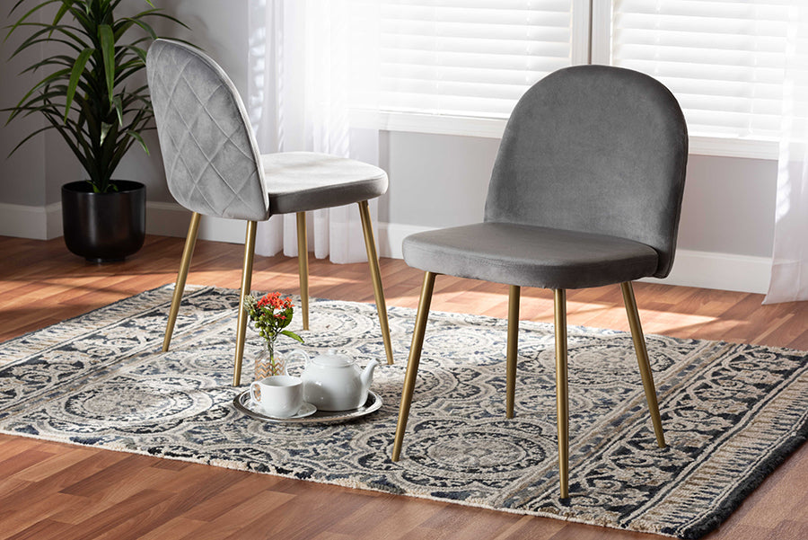 Baxton Studio Fantine Modern Luxe and Glam Grey Velvet Fabric Upholstered and Gold Finished Metal 2-Piece Dining Chair Set
