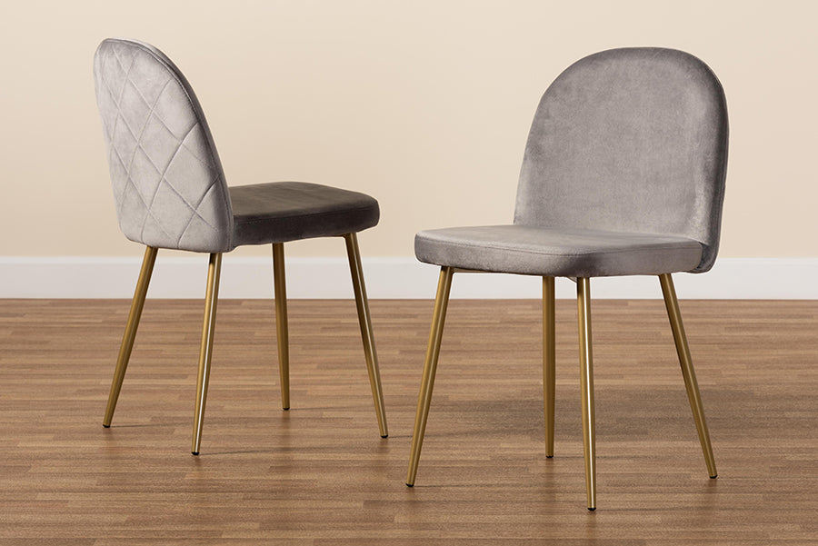 Baxton Studio Fantine Modern Luxe and Glam Grey Velvet Fabric Upholstered and Gold Finished Metal 2-Piece Dining Chair Set