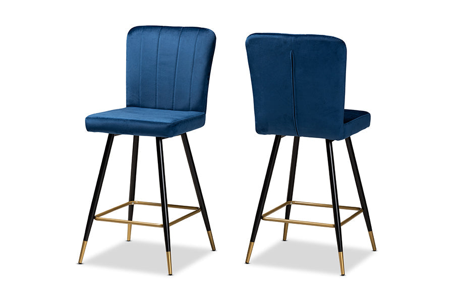 Baxton Studio Preston Modern Luxe and Glam Navy Blue Velvet Fabric Upholstered and Two-Tone Black and Gold Finished Metal 2-Piece Bar Stool Set