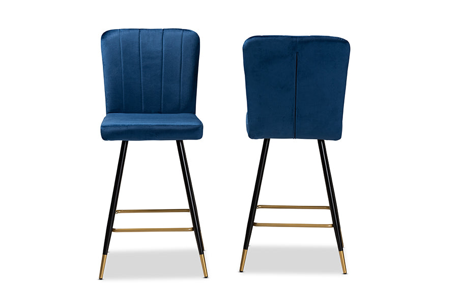 Baxton Studio Preston Modern Luxe and Glam Navy Blue Velvet Fabric Upholstered and Two-Tone Black and Gold Finished Metal 2-Piece Bar Stool Set