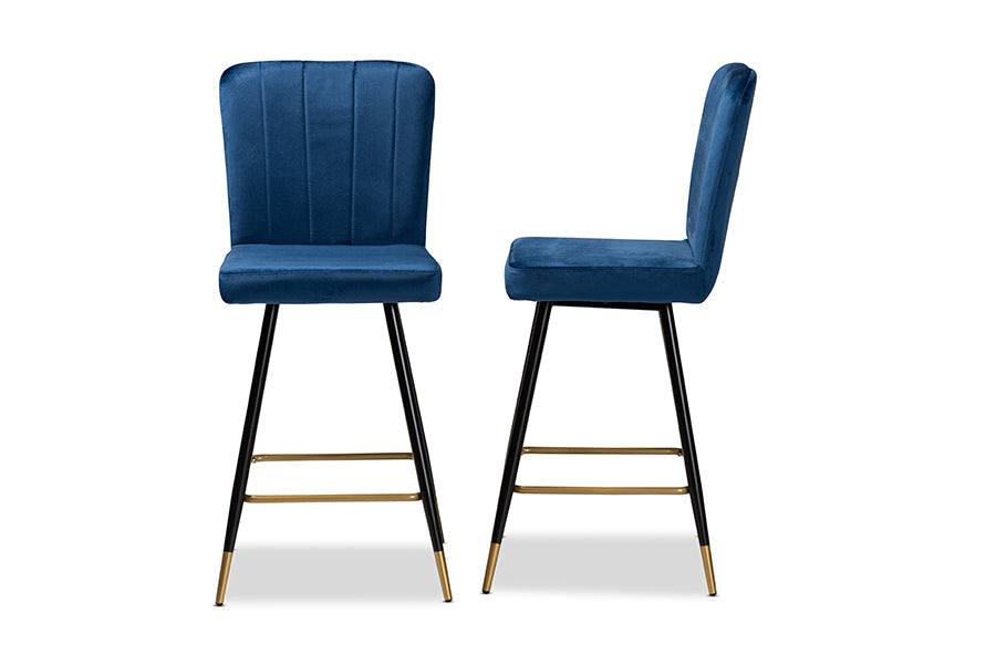 Baxton Studio Preston Modern Luxe and Glam Navy Blue Velvet Fabric Upholstered and Two-Tone Black and Gold Finished Metal 2-Piece Bar Stool Set