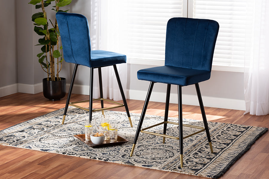 Baxton Studio Preston Modern Luxe and Glam Navy Blue Velvet Fabric Upholstered and Two-Tone Black and Gold Finished Metal 2-Piece Bar Stool Set