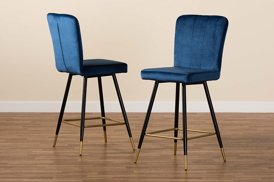 Baxton Studio Preston Modern Luxe and Glam Navy Blue Velvet Fabric Upholstered and Two-Tone Black and Gold Finished Metal 2-Piece Bar Stool Set