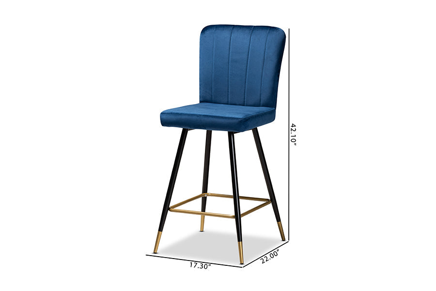 Baxton Studio Preston Modern Luxe and Glam Navy Blue Velvet Fabric Upholstered and Two-Tone Black and Gold Finished Metal 2-Piece Bar Stool Set