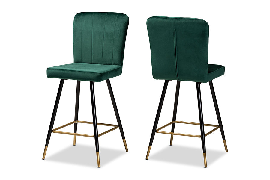 Baxton Studio Preston Modern Luxe and Glam Green Velvet Fabric Upholstered and Two-Tone Black and Gold Finished Metal 2-Piece Bar Stool Set