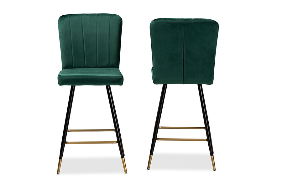 Baxton Studio Preston Modern Luxe and Glam Green Velvet Fabric Upholstered and Two-Tone Black and Gold Finished Metal 2-Piece Bar Stool Set