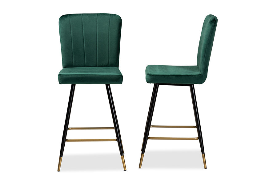 Baxton Studio Preston Modern Luxe and Glam Green Velvet Fabric Upholstered and Two-Tone Black and Gold Finished Metal 2-Piece Bar Stool Set