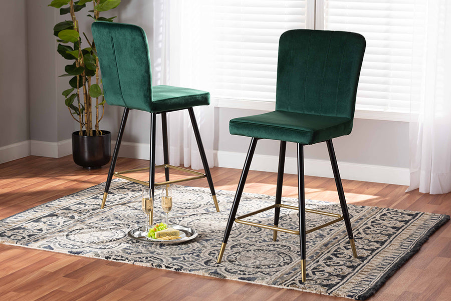Baxton Studio Preston Modern Luxe and Glam Green Velvet Fabric Upholstered and Two-Tone Black and Gold Finished Metal 2-Piece Bar Stool Set
