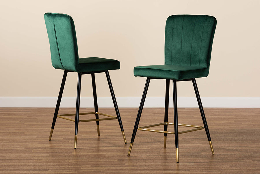 Baxton Studio Preston Modern Luxe and Glam Green Velvet Fabric Upholstered and Two-Tone Black and Gold Finished Metal 2-Piece Bar Stool Set