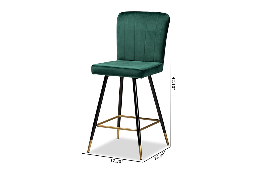 Baxton Studio Preston Modern Luxe and Glam Green Velvet Fabric Upholstered and Two-Tone Black and Gold Finished Metal 2-Piece Bar Stool Set